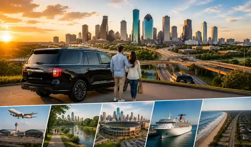 Houston skyline with luxury SUV, airport access, and highways highlighting the city as the perfect starting point for Texas travel.